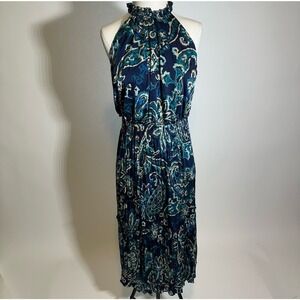 NWD Nicole Miller Blue Halter Neck Silk Feel Midi Dress Womens Size Large L NEW
